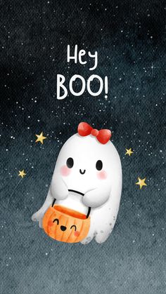 a cartoon ghost holding a pumpkin with the words hey boo on it's face