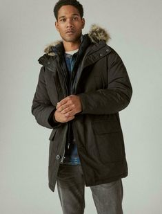 New with Attached Tags --  LUCKY BRAND Parker Faux Fur Trim Jacket Coat  Black Size S - Small Style YLHK248  CURRENT STYLE *** LUCKY BRAND Parker Faux Fur Trim Jacket Coat $229 Color - Black Style - YLHK248 Men's Size S - Small Details & Care Double up the warmth when the temps take a dip with our made-to-last parka jacket. It features a hood with faux fur trim, multiple pockets to keep your essentials secure, and dual zip- and button- styling. Pockets at waist Faux Fur Shell 100% Polyester Lini Faux Fur Trim Jacket, Parka Outfit, Fur Trim Jacket, Men Parka, Fur Hood Jacket, Causal Outfits, Trim Jacket, Double Up, Jacket Parka