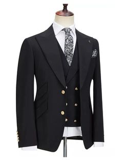 • Jacket: Wide Peak Lapel With 2mm Pick Stitching; Left Lapel Button Hole; Single Breasted 2 Button Closure; 2 Slanted Flap Pockets; 1 Slanted Flap Ticket Pocket; 1 Welted Chest Pocket; Double Vents; Full Lining. Pants: Flat Front(Pleat can selected); Belt Loops; 2 Slanted Front Pockets; 2 Jetted Back Pockets; Zipper Fly. Vest: Peak Lapel With 2mm Pick Stitching; Double Breasted 6 Button Closure; 2 Besom Front Pockets. • This Three-Piece Men’s Suit In A Beautiful Color Is Suitable For Use In Most Places And Is Easy To Combine With Shirts And Ties. Stomach Sleeve, Men Suits Black, Suits Men Business, Suits Prom, Pieces Men, Business Men, Button Hole, Total Black, Peak Lapel