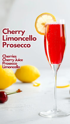 Cherry Limoncello Prosecco Limoncello Cocktails Prosecco, Limoncello Sangria, Cherry Cocktail Recipes, Cherry Cocktails, Cocktail Cards, Easy Summer Cocktail Recipes, Limoncello Cocktails, Fruity Cocktail, Easy Summer Cocktails