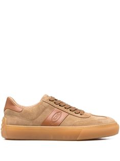 Tabs low-top sneakers from TOD'S featuring beige, calf leather, colour-block panelled design, embossed logo to the side, round toe, front lace-up fastening and flat rubber sole. | Tod's Tabs low-top sneakers Brown Lace-up Sneakers With Embossed Logo, Brown Suede Low-top Sneakers, Brown Calf Leather Sneakers With Rubber Sole, Suede Sneakers With Embossed Logo And Round Toe, Brown Leather Sneakers With Embossed Logo, Suede Sneakers With Embossed Logo, Suede Sneakers With Round Toe, Brown Calf Leather Sneakers With Contrast Sole, Classic Brown Suede Sneakers