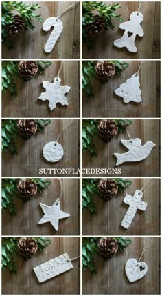 christmas ornaments made out of wood and pine cones are shown in this collage with the words