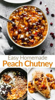 easy homemade peach chutney recipe with cranberries and pecans on the side