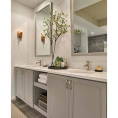 a bathroom with two sinks and a large mirror