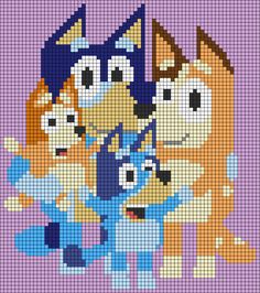 a cross stitch pattern with two dogs and one cat in the middle, on a purple background