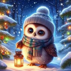 an owl wearing a hat and scarf holding a lantern in the snow with christmas lights around it