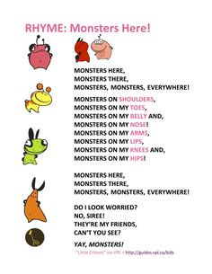 a poster with different monsters on it and the words, rhyme monsters here