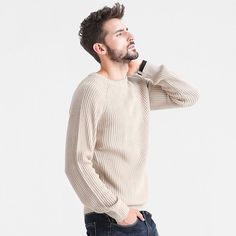 Round Neck Bottomed Sweater Male Beige Ribbed Crew Neck Outerwear, Modern Long Sleeve Sweater For Spring, Modern Sweater With Ribbed Cuffs, Modern Ribbed Long Sleeve Sweater, Modern Spring Sweater With Ribbed Cuffs, Solid Color Sweater, L And Light, White Butterfly, Warm Sweaters