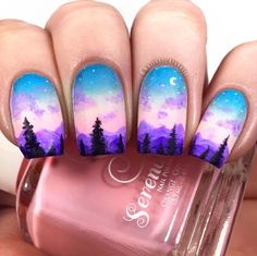 Alaska Nails, Landscape Nails, Peel Off Base Coat, Twilight Landscape, Water Color Nails, Fall Nail Art Designs, Awesome Nails, Painted Nails, Glow Nails