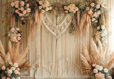 Macrame Backdrop With Boho Pampas Grass and Pink Roses - Gatsby Backdrop Grass Flowers, Girls Cake, Boho Flower Girl, Background Studio, Photo Backdrop Wedding, Macrame Backdrop, Pregnant Wedding, Cake Smash Photography, Studio Props