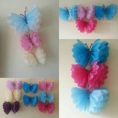 four pictures of different colored butterflies on a white surface, one is blue and the other is pink