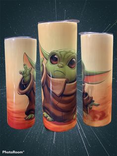 three glass cups with an image of the child yoda