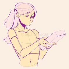 a drawing of a girl with pink hair holding a piece of paper in her hands