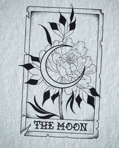 the moon with flowers and leaves on it is drawn in black ink, against a white background