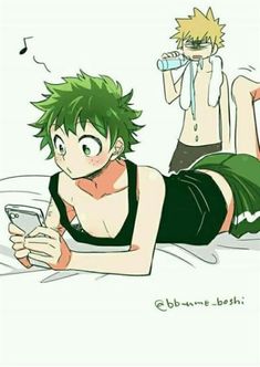 an anime character laying on top of a bed next to another person holding a cell phone