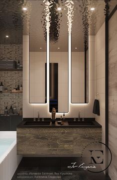 a bathroom with two sinks, mirrors and lights on the wall in front of it