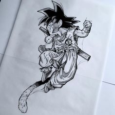 a drawing of gohan holding a baby in one hand and pointing at something on the other