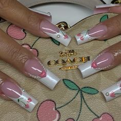 Heart Cherry Nails, Cherry Acrylic Nails, French Nails Aesthetic, Pink Cherry Nails, Nails With Heart Designs, Aesthetic Nails Design, Vday Nails, Cherry Nails, Aesthetic Nails