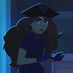 a cartoon girl with long red hair wearing a black hat and blue dress standing in front of a window