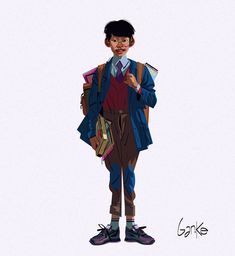 a drawing of a young boy in a blue jacket and tie holding a book bag