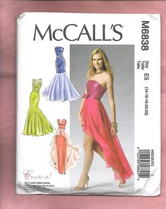 a woman in a strapless dress and high heeled sandals is featured on the front cover of a sewing pattern