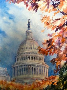 a painting of the capitol building in autumn