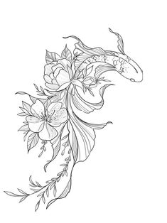 a black and white drawing of a koi fish with flowers on it's side