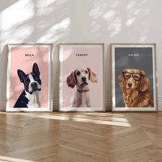 three framed pictures of dogs with glasses on the wall in front of a wooden floor