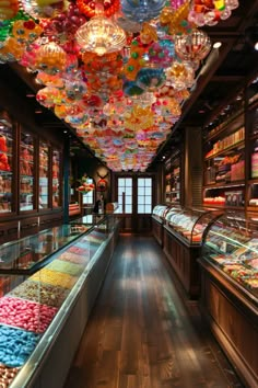 a store filled with lots of different types of candy in it's display cases