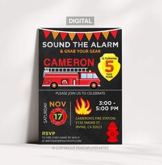 a firetruck birthday party poster with the words sound the alarm and grab your gear