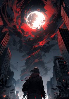 a man standing in the middle of a city under a giant red moon with blood pouring out of it