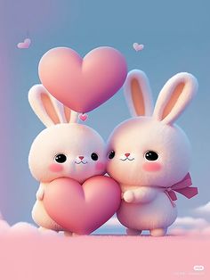 two cute little bunnies hugging each other in front of a heart shaped balloon with hearts floating above them