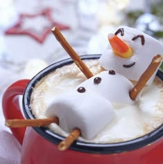 two marshmallow snowmen sitting in a cup of coffee