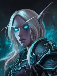 a female elf with blue eyes and horns on her head, in front of a dark background