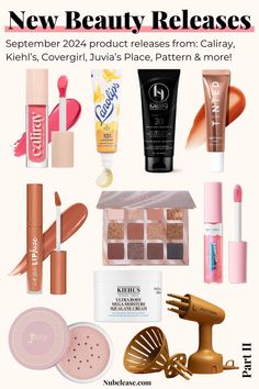 A variety of new beauty products for September 2024, including blush, lip balm, sunscreen, eyeshadow palettes, squalane body cream, and hair tools from brands like Caliray, Kiehl’s, Covergirl, and Juvia’s Place. Juvias Place, Beauty Games, La Girl, Licorice Root, Fresh And Clean, Licorice