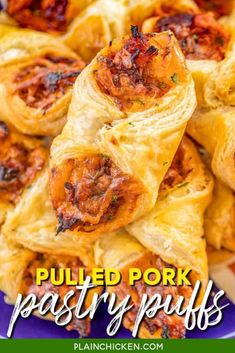 puffed pork pastry rolls on a plate with text overlay