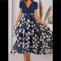 Xl, Royal Blue Mid Calf Length Dress With Floral Pattern Navy Short Sleeve Maxi Dress For Spring, Navy Maxi Dress With Short Sleeves For Spring, Royal Blue V-neck Casual Dress, Casual Royal Blue V-neck Dress, Women's A Line Dresses, Fresh Dress, Cheap Dresses Casual, V Neck Midi Dress, Midi Short Sleeve Dress