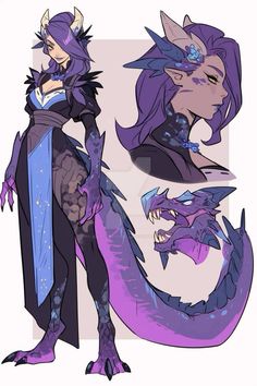 an image of a woman with purple hair and blue eyes, standing next to a dragon