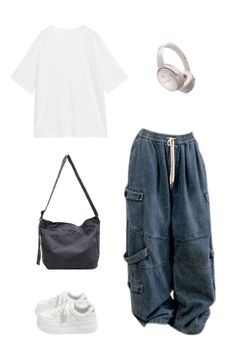 Blue Cargos Outfit, Blue Cargo Outfit, White Headphones Outfit, Simple Y2k Outfit, Y2k Headphones, Blue White Outfit, Blue Cargos, Cargos Outfit, Headphones Outfit