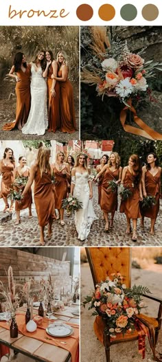 the bridesmaids are dressed in brown and orange