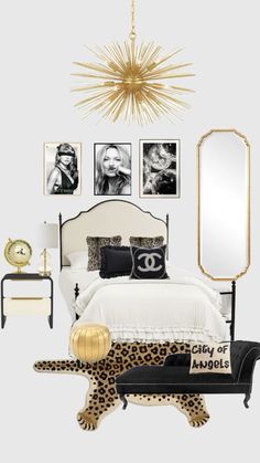 a bedroom decorated in black and white with leopard print, gold accents and chandelier