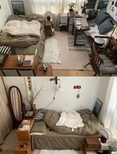 two pictures of a living room and bedroom