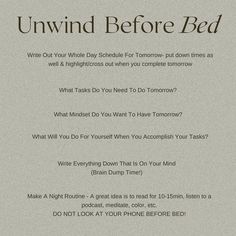 a poster with the words unwind before bed