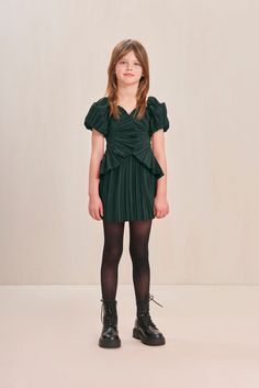 A mommy & me style pleated satin mini-dress with layered hip detail. — Mini length — Sweetheart neckline — Puff sleeves — Center back zipper Toddler Green Dress, Baby Green Velvet Dress, Hunter Green Toddler Dress, Green Velvet Dress Kids, Green Plaid Toddler Dress, Evening Flats, Sandal Platform, Satin Mini Dress, White Summer