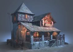 an old house with a porch and stairs in the front, lit up at night