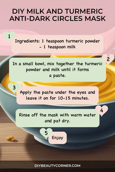 DIY Milk and Turmeric Anti-Dark Circles Mask Eye Mask For Dark Circles, Tumeric Masks, Diy Eye Mask, Puffy Eyes Remedy, Clear Skin Face Mask, Dark Circle Remedies, Turmeric Mask, Skin Face Mask, Eye Brightener