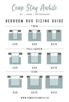 the bed room rug sizing guide is shown with instructions to make it easy and fun