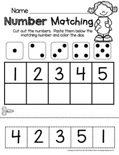 the number matching worksheet for numbers 1 - 5 is shown in black and white