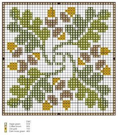 a cross stitch pattern with green leaves and brown dots on the bottom half of it