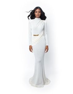 Kalbi Chic Long Sleeve Fitted Gown, Chic Fitted Long Sleeve Gown, Elegant White Gown With Customizable Length, Elegant Gown With Customizable Length And Fitted Bodice, Chic White Long Sleeve Gown, Elegant Gala Dresses With Customizable Length, Chic Long Sleeve Gown For Banquet, Elegant Fitted Gown With Customizable Length, White Full Length Evening Gown